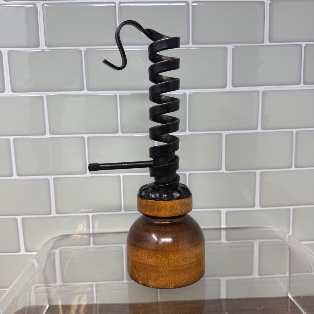 Vintage Iron Spiral Candleholder Turned Wood Base Cottagecore